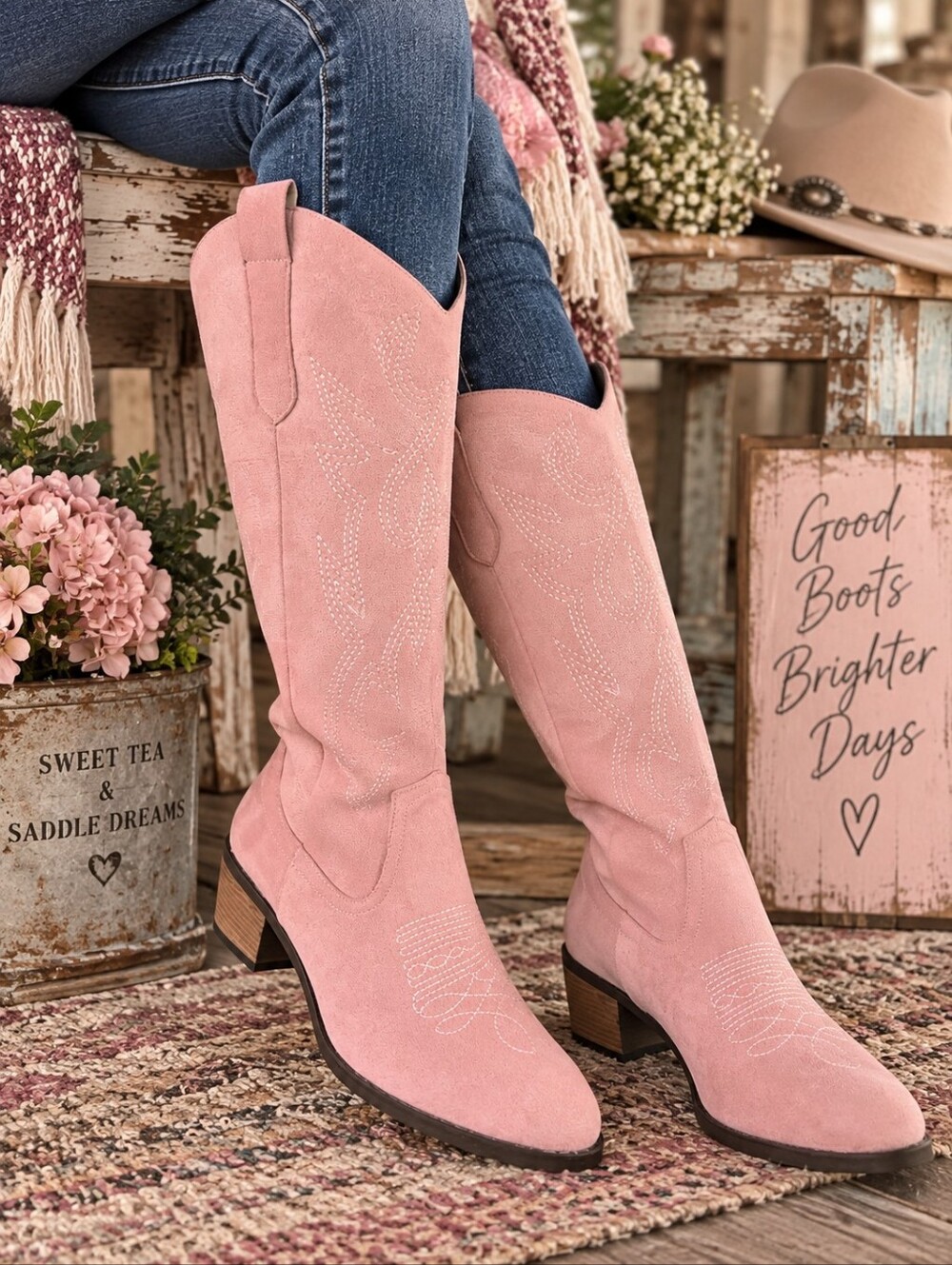 Pink Western Cowboy Boots Size 40 US 9 Embroidered Knee High NWOT